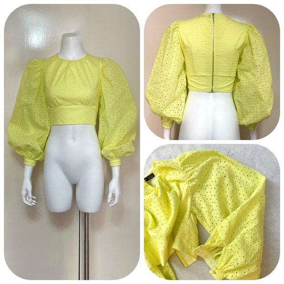 SHEIN PREMIUM 100% COTTON PUFF SLEEVE eyelet back zipper Crop TOP 2 - Picture 3 of 14